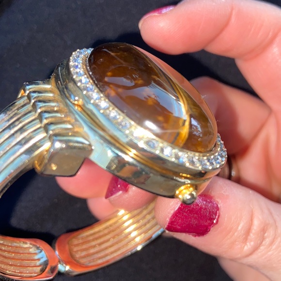 VINTAGE GENEVA Tigers Eye Gemstone bangle Bracelet Cuff watch Quartz Custom - Picture 9 of 16